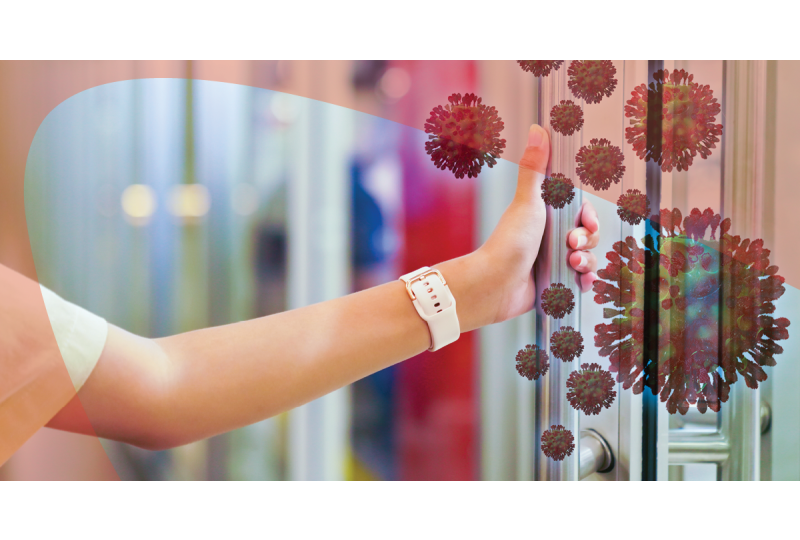 Hand opening glass door with viral representation